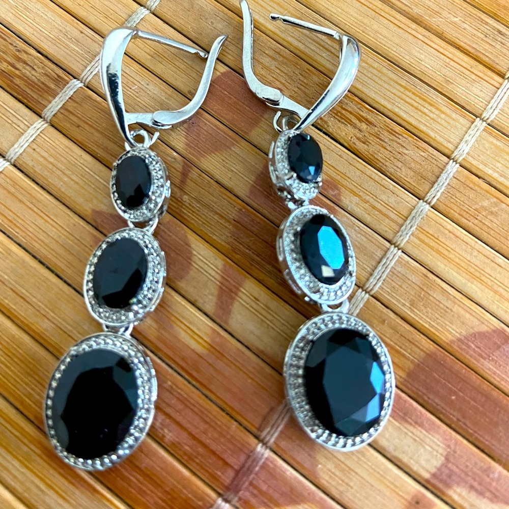 NEW Long 925 Silver Faceted Black Glass Dangling Lever Back Pierced Earrings